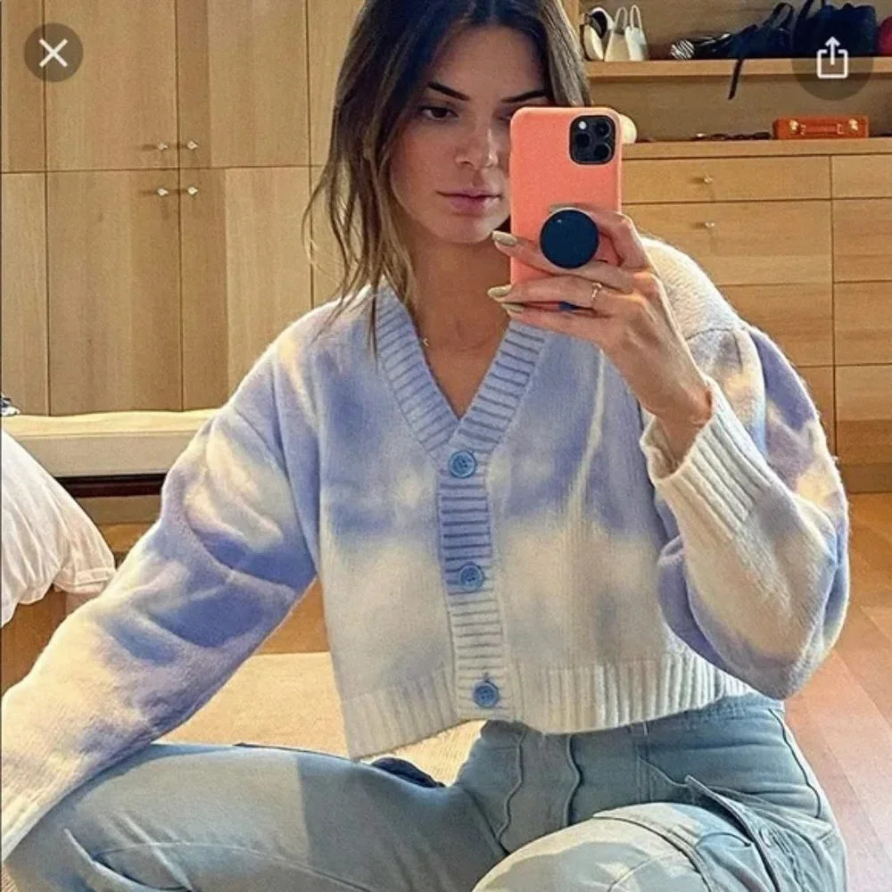 Kendall + Kylie Tie Dye Soft Knit Cropped Cardigan Sweater White Blue Size Small